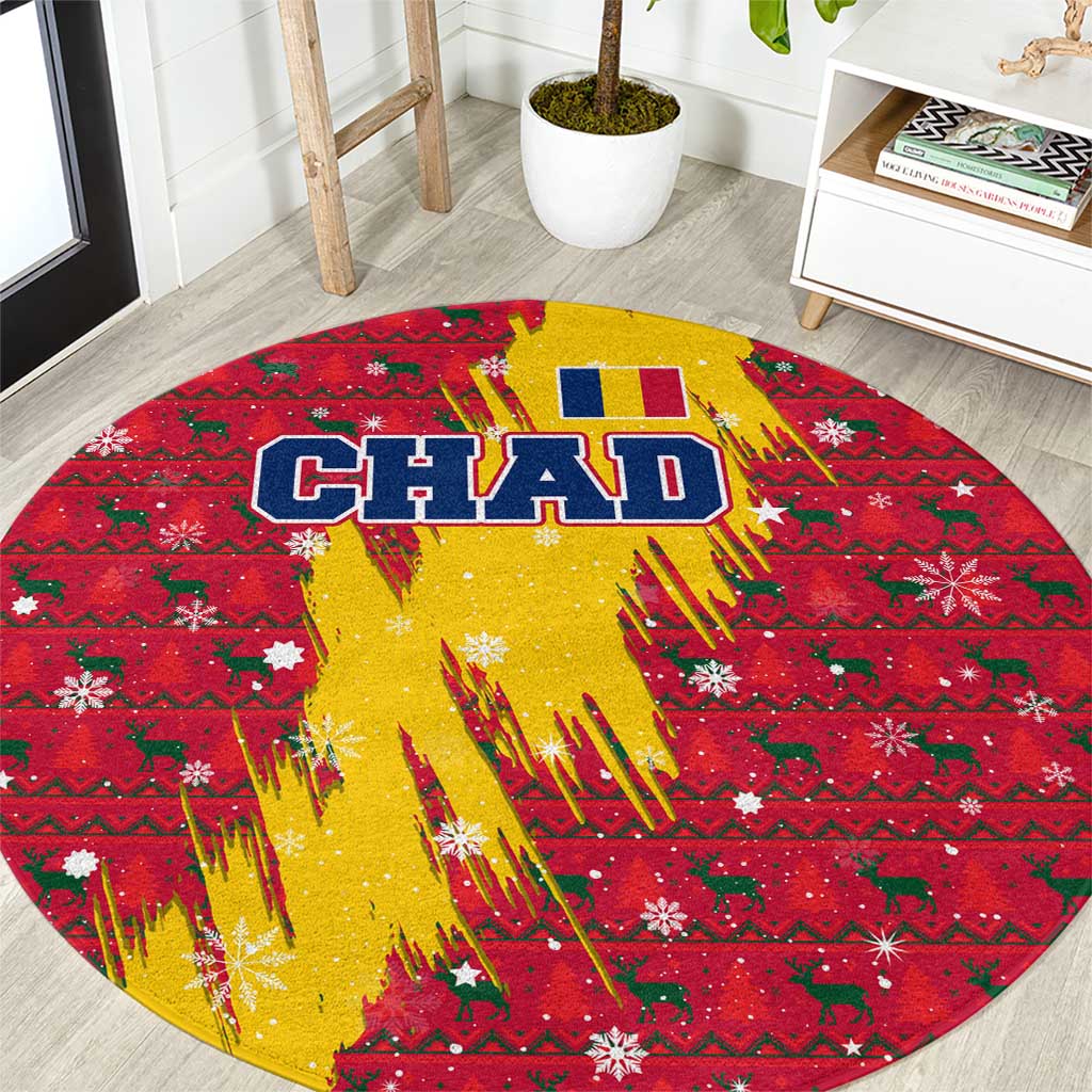 Chad Christmas Round Carpet with Red-Yellow Festive Pattern, National Coat of Arms, and Snowflake Accents - Wonder Print Shop