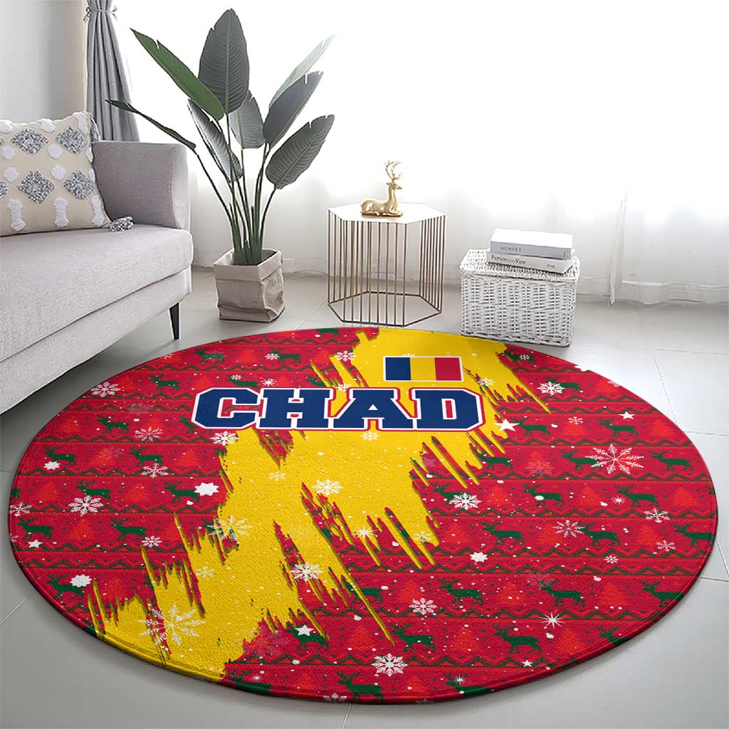 Chad Christmas Round Carpet with Red-Yellow Festive Pattern, National Coat of Arms, and Snowflake Accents - Wonder Print Shop