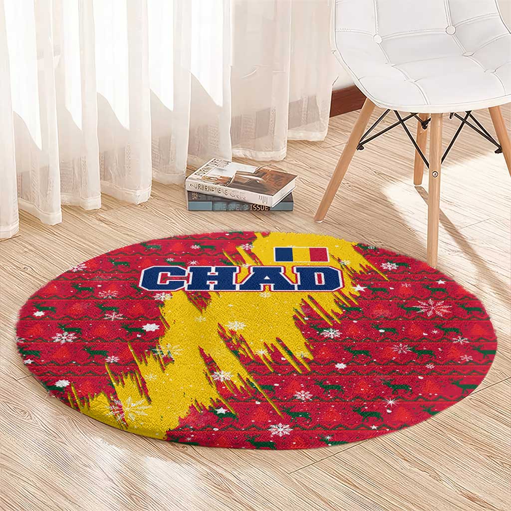 Chad Christmas Round Carpet with Red-Yellow Festive Pattern, National Coat of Arms, and Snowflake Accents - Wonder Print Shop