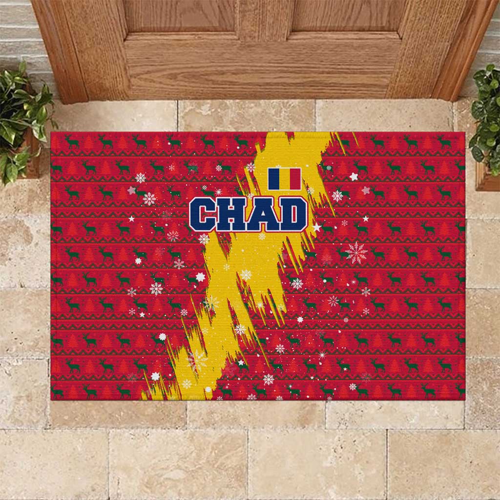 Chad Christmas Rubber Doormat with Red-Yellow Festive Pattern, National Coat of Arms, and Snowflake Accents - Wonder Print Shop