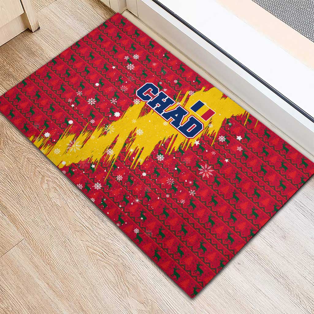 Chad Christmas Rubber Doormat with Red-Yellow Festive Pattern, National Coat of Arms, and Snowflake Accents - Wonder Print Shop