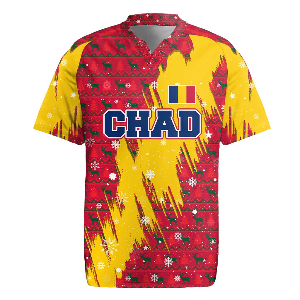 Chad Christmas Rugby Jersey with Red-Yellow Festive Pattern, National Coat of Arms, and Snowflake Accents - Wonder Print Shop