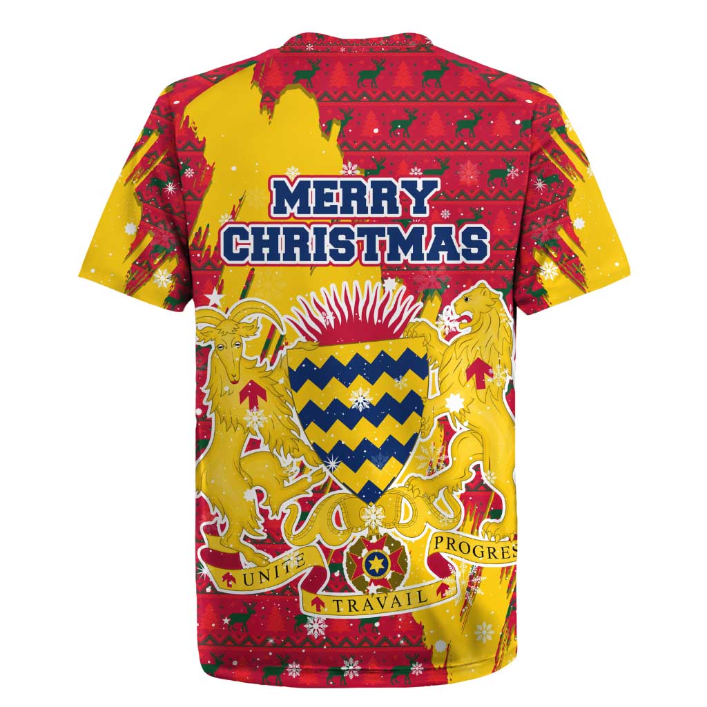 Chad Christmas Rugby Jersey with Red-Yellow Festive Pattern, National Coat of Arms, and Snowflake Accents - Wonder Print Shop