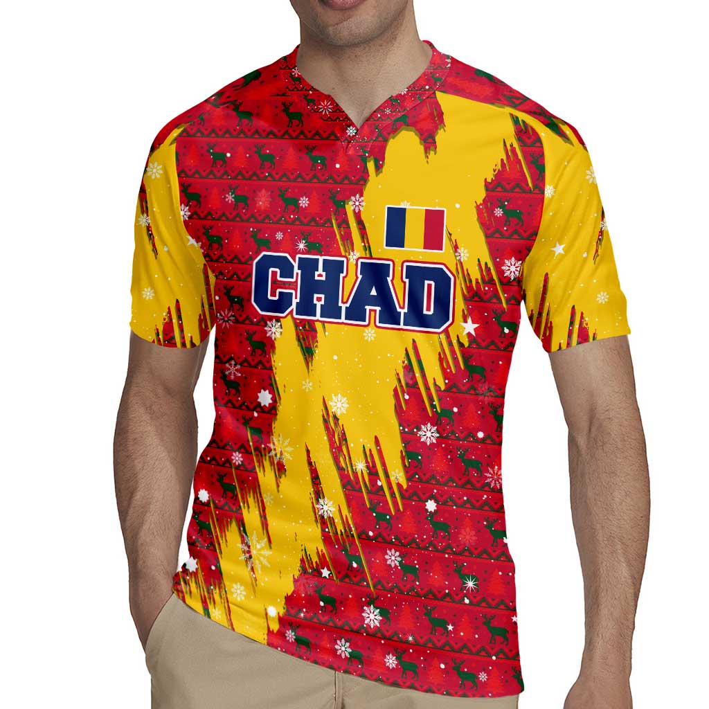 Chad Christmas Rugby Jersey with Red-Yellow Festive Pattern, National Coat of Arms, and Snowflake Accents - Wonder Print Shop