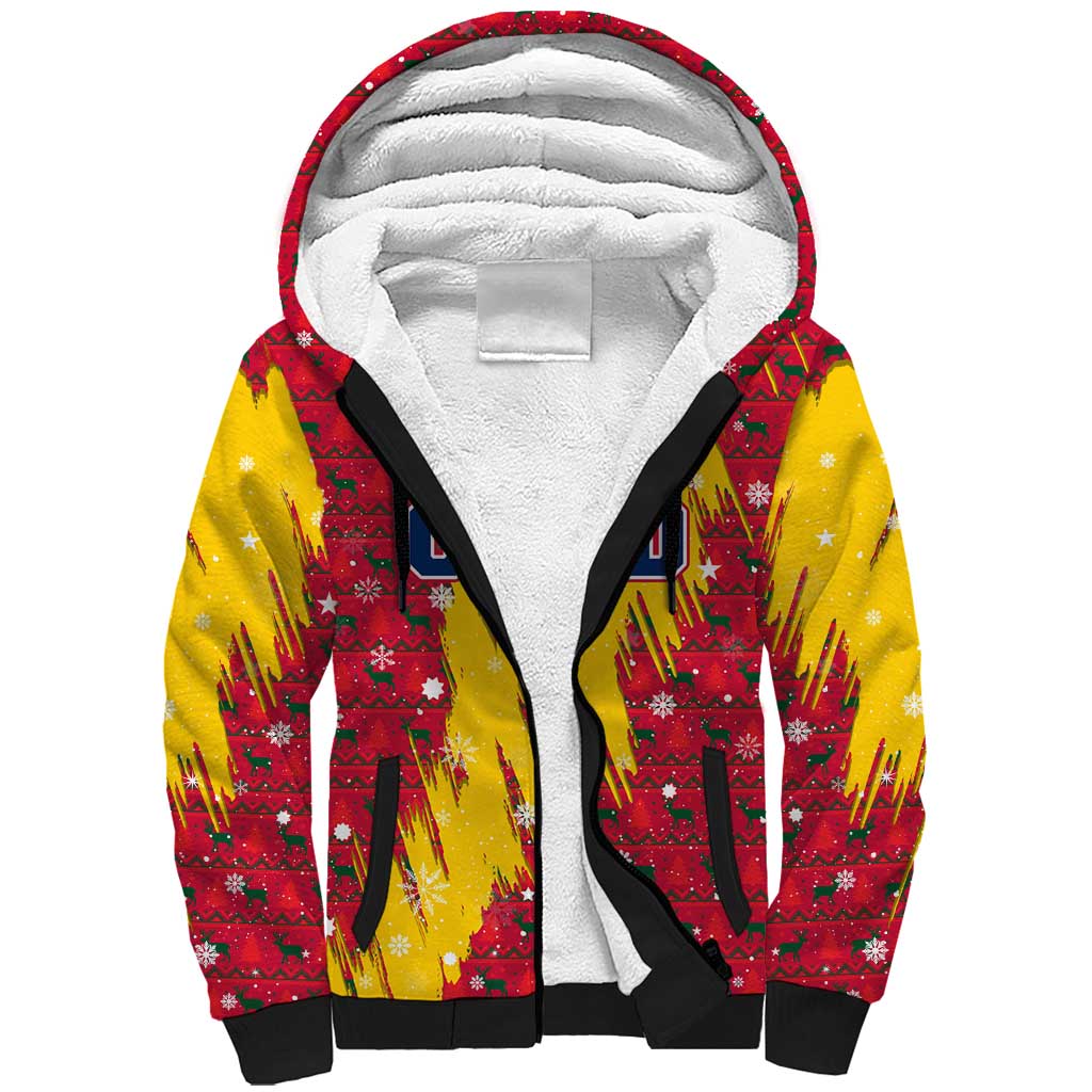 Chad Christmas Sherpa Hoodie with Red-Yellow Festive Pattern, National Coat of Arms, and Snowflake Accents - Wonder Print Shop