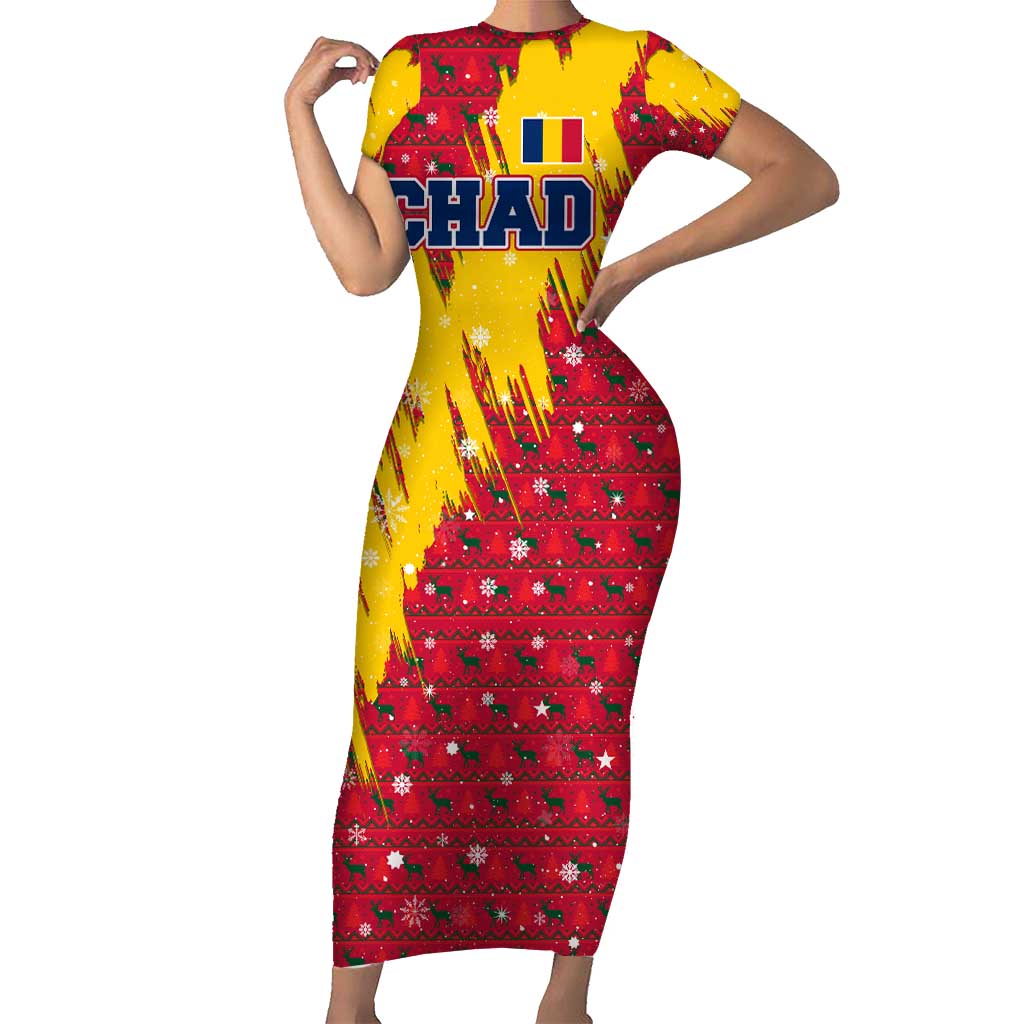 Chad Christmas Short Sleeve Bodycon Dress with Red-Yellow Festive Pattern, National Coat of Arms, and Snowflake Accents - Wonder Print Shop
