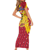 Chad Christmas Short Sleeve Bodycon Dress with Red-Yellow Festive Pattern, National Coat of Arms, and Snowflake Accents - Wonder Print Shop