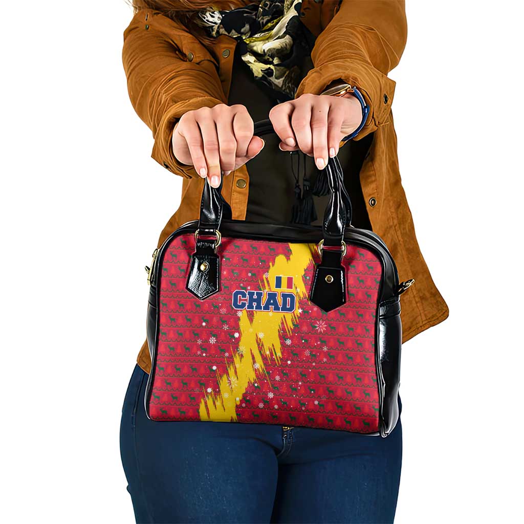 Chad Christmas Shoulder Handbag with Red-Yellow Festive Pattern, National Coat of Arms, and Snowflake Accents - Wonder Print Shop