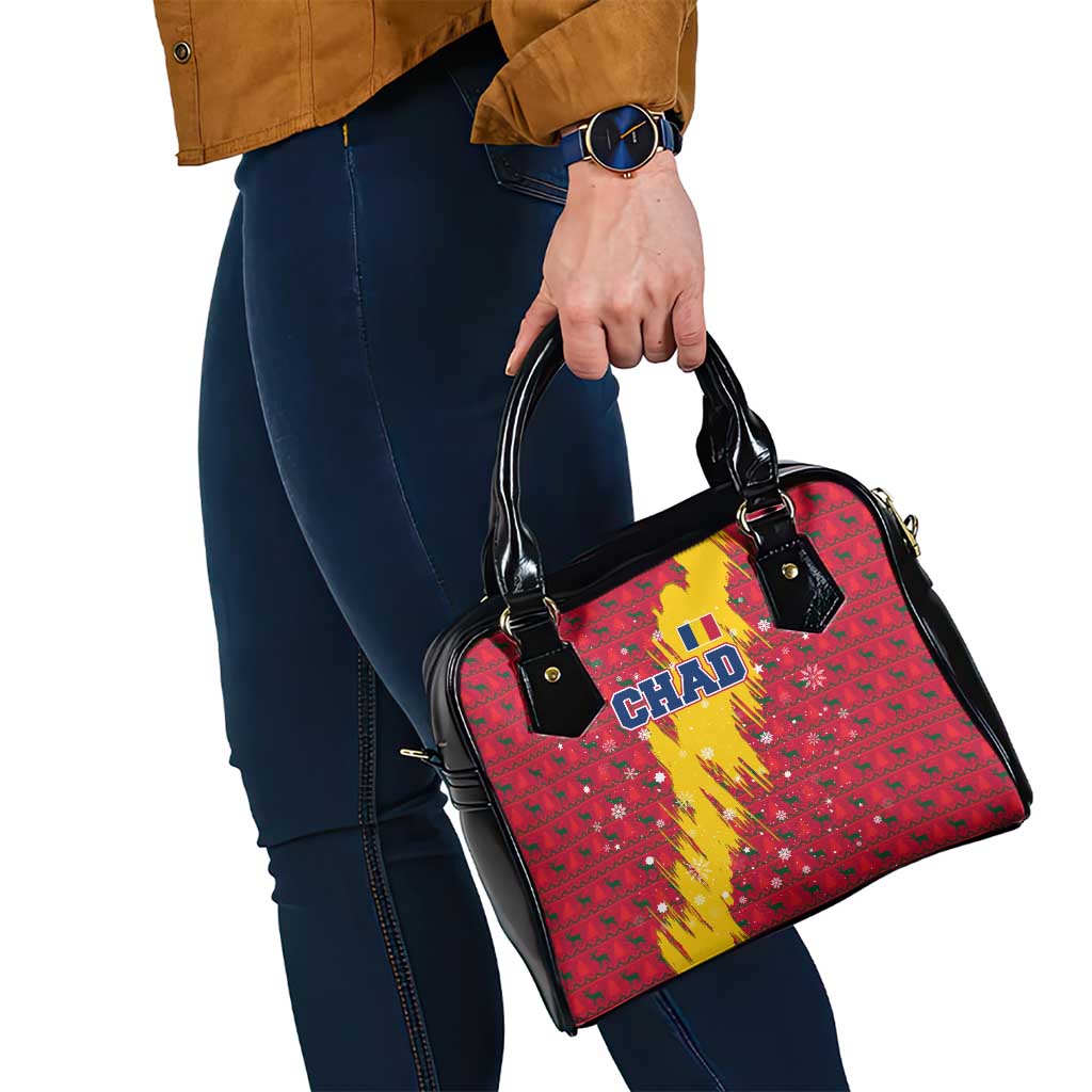 Chad Christmas Shoulder Handbag with Red-Yellow Festive Pattern, National Coat of Arms, and Snowflake Accents - Wonder Print Shop