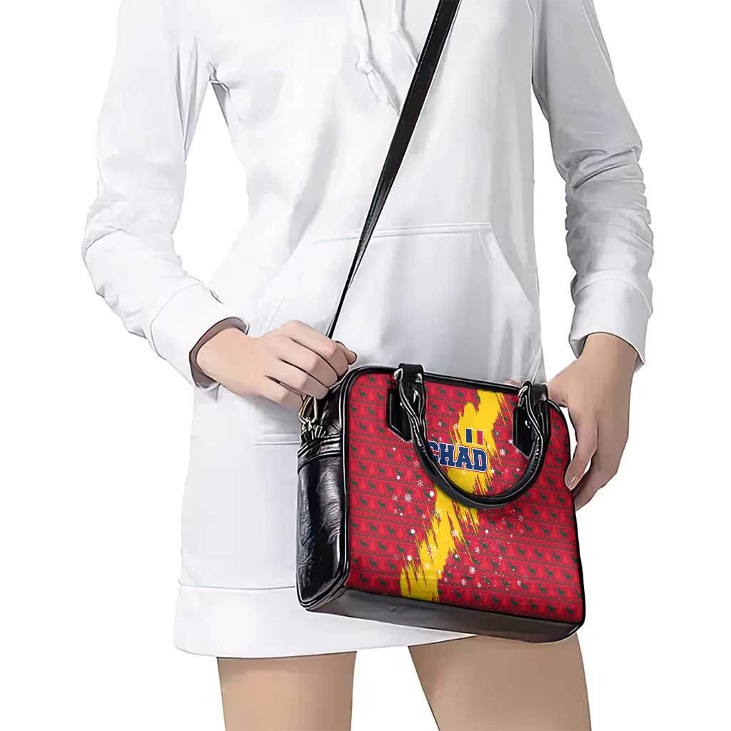 Chad Christmas Shoulder Handbag with Red-Yellow Festive Pattern, National Coat of Arms, and Snowflake Accents - Wonder Print Shop