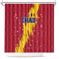 Chad Christmas Shower Curtain with Red-Yellow Festive Pattern, National Coat of Arms, and Snowflake Accents - Wonder Print Shop
