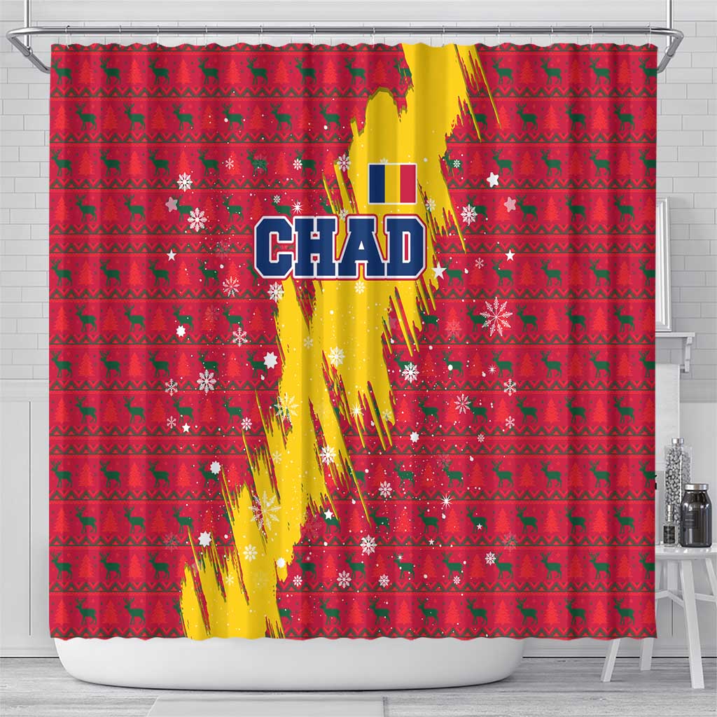 Chad Christmas Shower Curtain with Red-Yellow Festive Pattern, National Coat of Arms, and Snowflake Accents - Wonder Print Shop