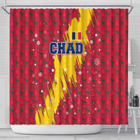 Chad Christmas Shower Curtain with Red-Yellow Festive Pattern, National Coat of Arms, and Snowflake Accents - Wonder Print Shop