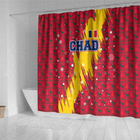 Chad Christmas Shower Curtain with Red-Yellow Festive Pattern, National Coat of Arms, and Snowflake Accents - Wonder Print Shop