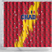 Chad Christmas Shower Curtain with Red-Yellow Festive Pattern, National Coat of Arms, and Snowflake Accents - Wonder Print Shop