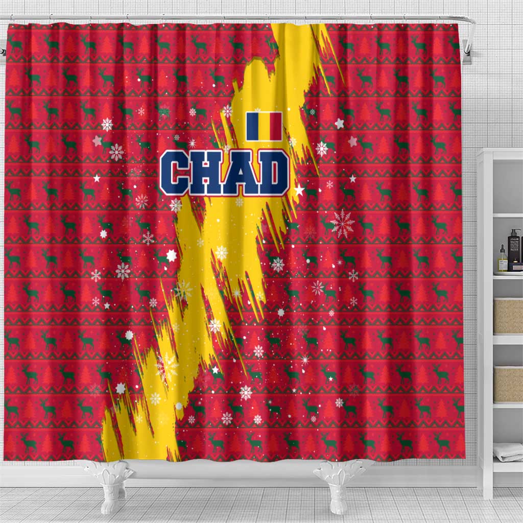 Chad Christmas Shower Curtain with Red-Yellow Festive Pattern, National Coat of Arms, and Snowflake Accents - Wonder Print Shop