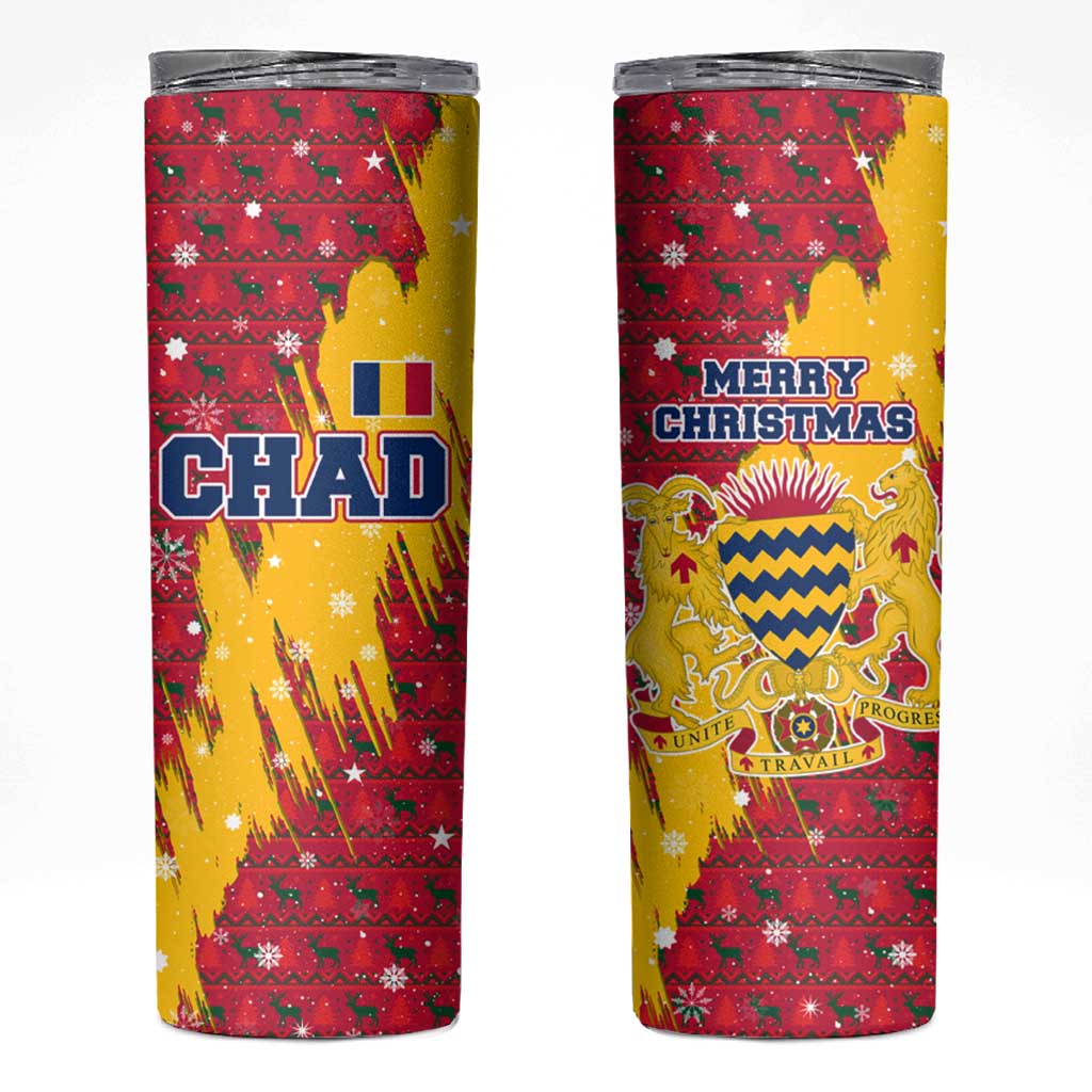 Chad Christmas Skinny Tumbler with Red-Yellow Festive Pattern, National Coat of Arms, and Snowflake Accents - Wonder Print Shop