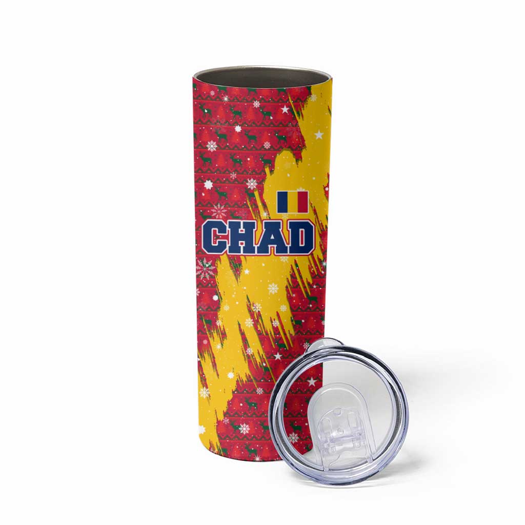 Chad Christmas Skinny Tumbler with Red-Yellow Festive Pattern, National Coat of Arms, and Snowflake Accents - Wonder Print Shop