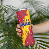 Chad Christmas Skinny Tumbler with Red-Yellow Festive Pattern, National Coat of Arms, and Snowflake Accents - Wonder Print Shop