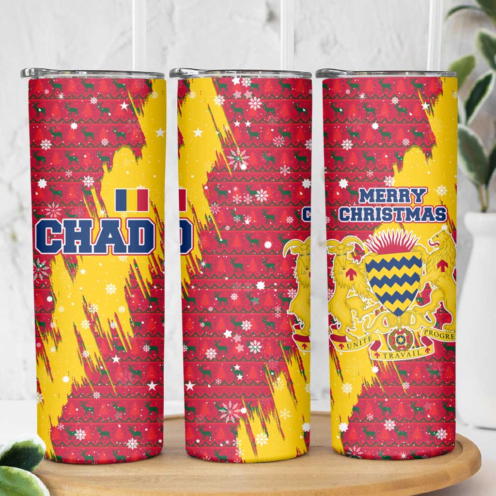 Chad Christmas Skinny Tumbler with Red-Yellow Festive Pattern, National Coat of Arms, and Snowflake Accents - Wonder Print Shop