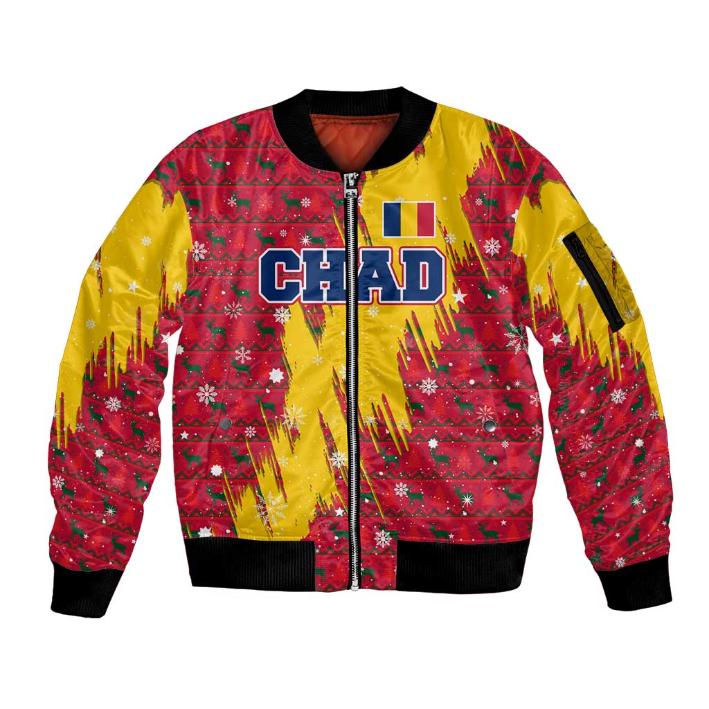 Chad Christmas Sleeve Zip Bomber Jacket with Red-Yellow Festive Pattern, National Coat of Arms, and Snowflake Accents - Wonder Print Shop