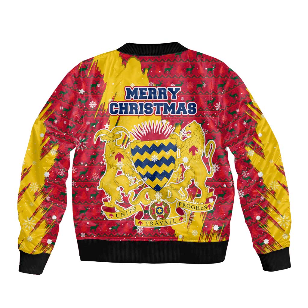 Chad Christmas Sleeve Zip Bomber Jacket with Red-Yellow Festive Pattern, National Coat of Arms, and Snowflake Accents - Wonder Print Shop