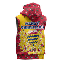 Chad Christmas Sleeveless Hoodie with Red-Yellow Festive Pattern, National Coat of Arms, and Snowflake Accents - Wonder Print Shop