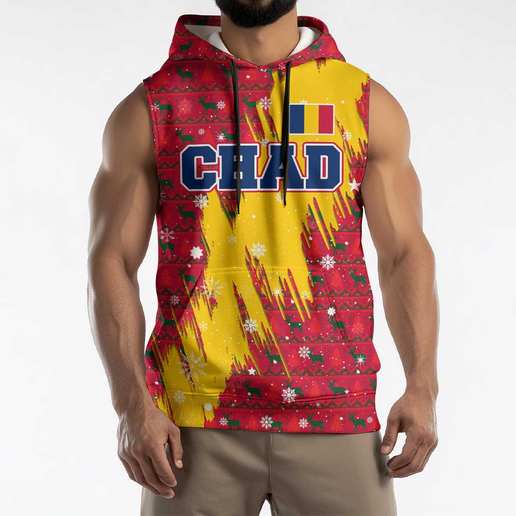 Chad Christmas Sleeveless Hoodie with Red-Yellow Festive Pattern, National Coat of Arms, and Snowflake Accents - Wonder Print Shop