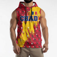 Chad Christmas Sleeveless Hoodie with Red-Yellow Festive Pattern, National Coat of Arms, and Snowflake Accents - Wonder Print Shop
