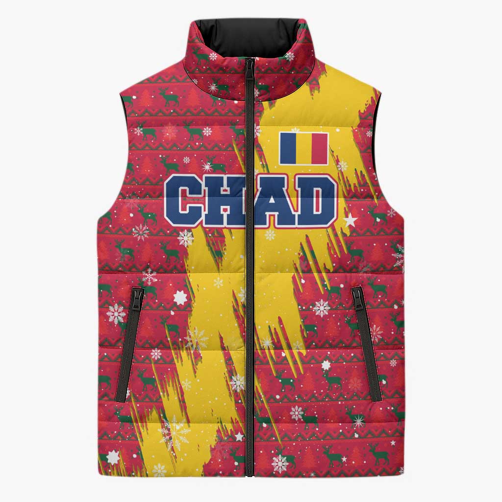 Chad Christmas Sleeveless Puffer Jacket with Red-Yellow Festive Pattern, National Coat of Arms, and Snowflake Accents - Wonder Print Shop