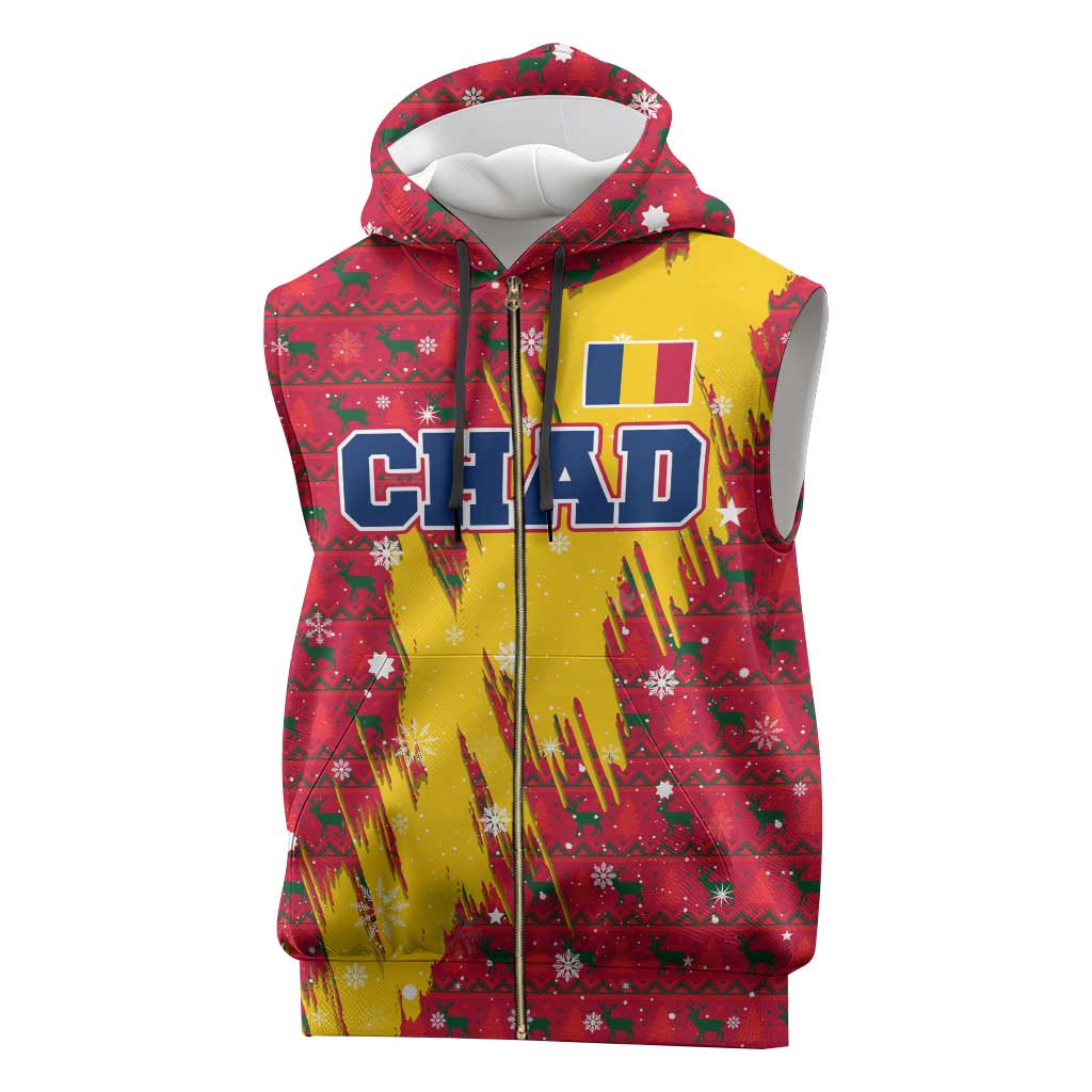 Chad Christmas Sleeveless Zip Hoodie with Red-Yellow Festive Pattern, National Coat of Arms, and Snowflake Accents - Wonder Print Shop