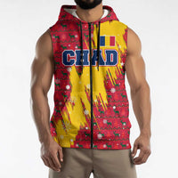 Chad Christmas Sleeveless Zip Hoodie with Red-Yellow Festive Pattern, National Coat of Arms, and Snowflake Accents - Wonder Print Shop