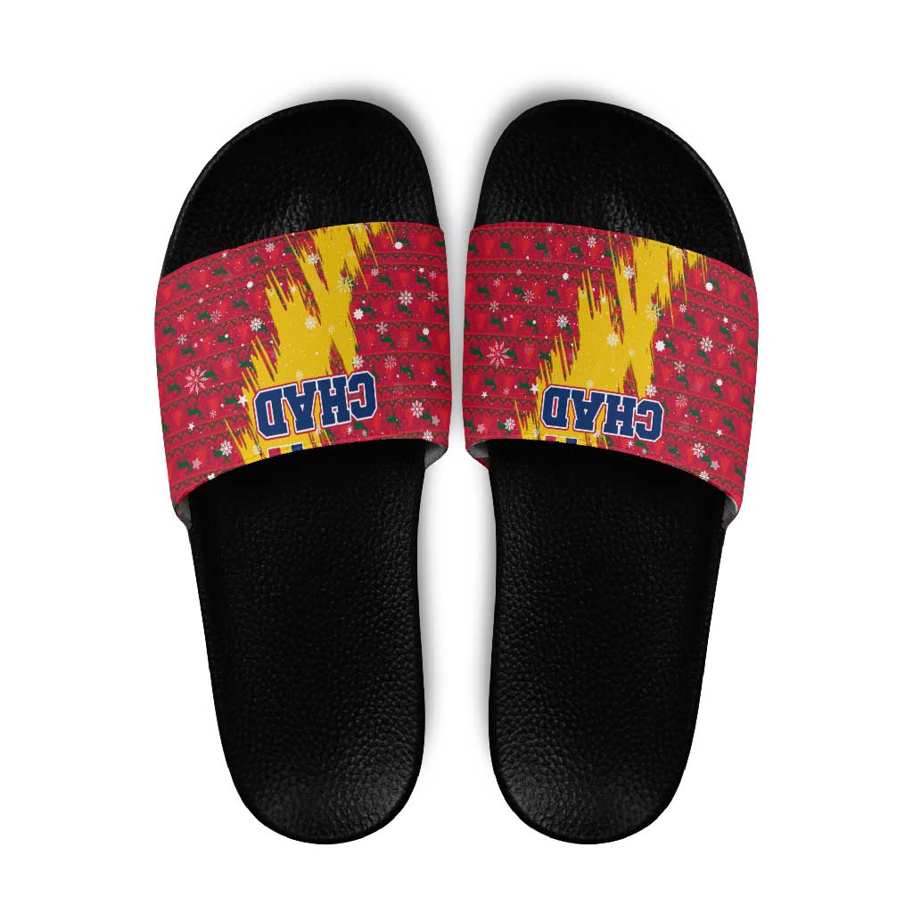 Chad Christmas Slide Sandals with Red-Yellow Festive Pattern, National Coat of Arms, and Snowflake Accents - Wonder Print Shop