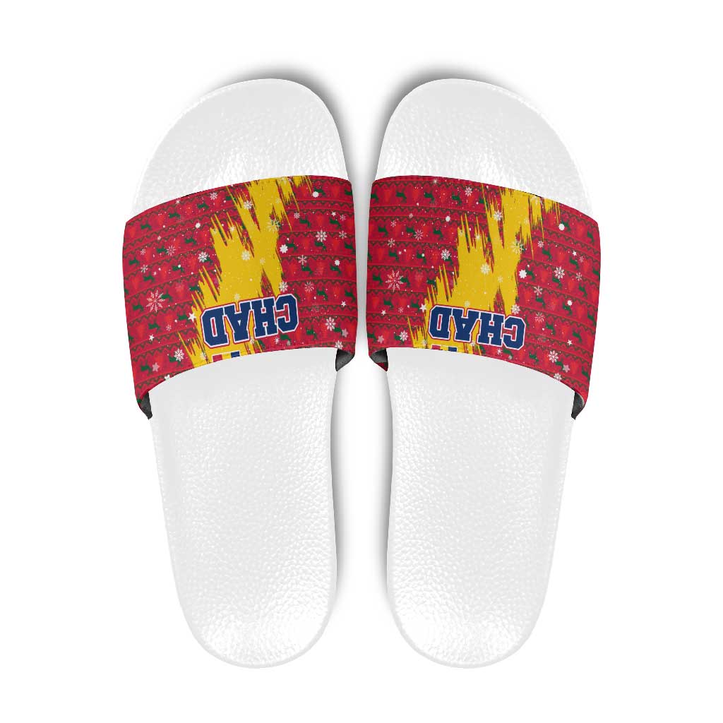 Chad Christmas Slide Sandals with Red-Yellow Festive Pattern, National Coat of Arms, and Snowflake Accents - Wonder Print Shop
