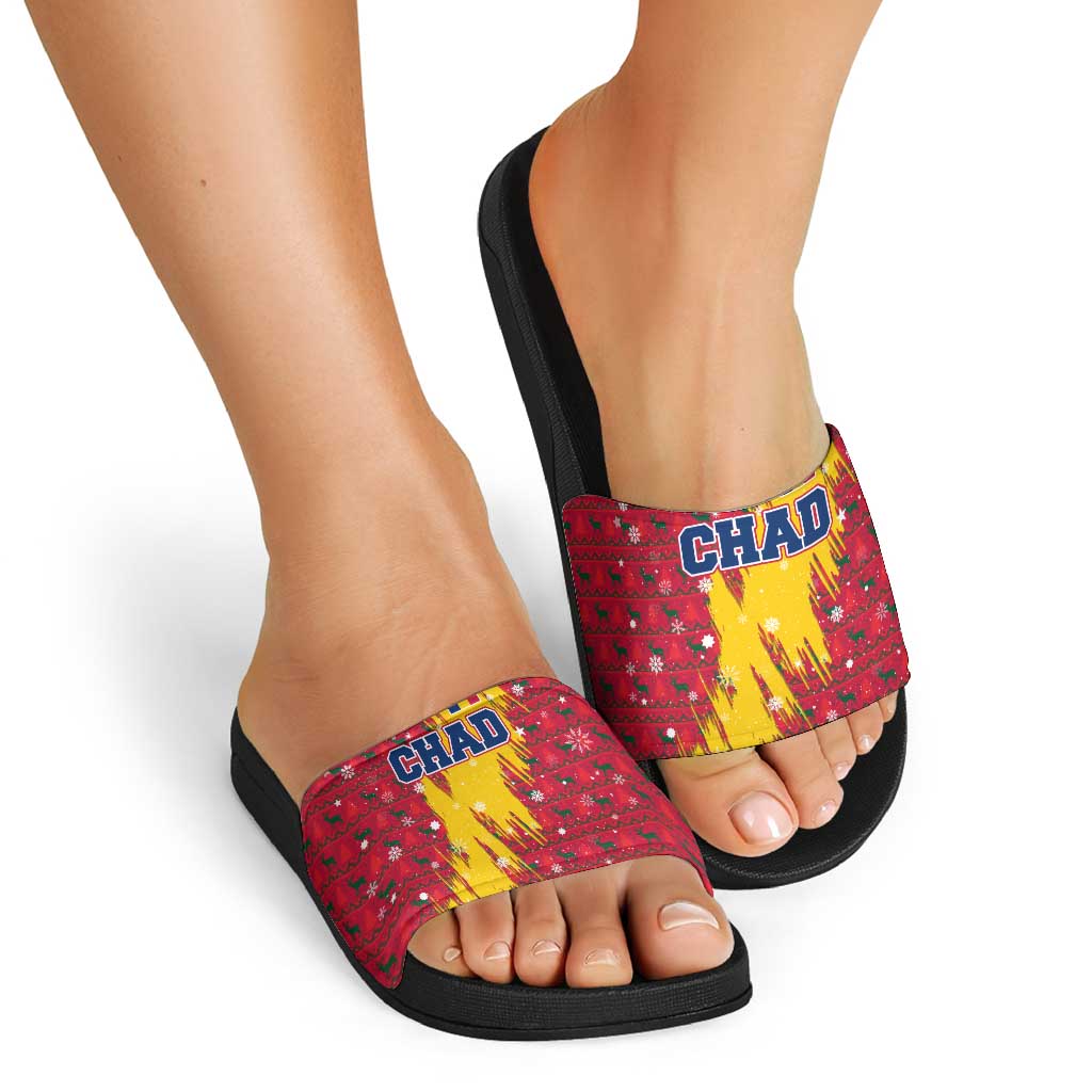 Chad Christmas Slide Sandals with Red-Yellow Festive Pattern, National Coat of Arms, and Snowflake Accents - Wonder Print Shop