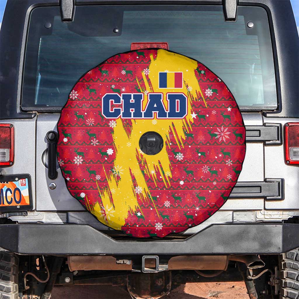 Chad Christmas Spare Tire Cover with Red-Yellow Festive Pattern, National Coat of Arms, and Snowflake Accents - Wonder Print Shop
