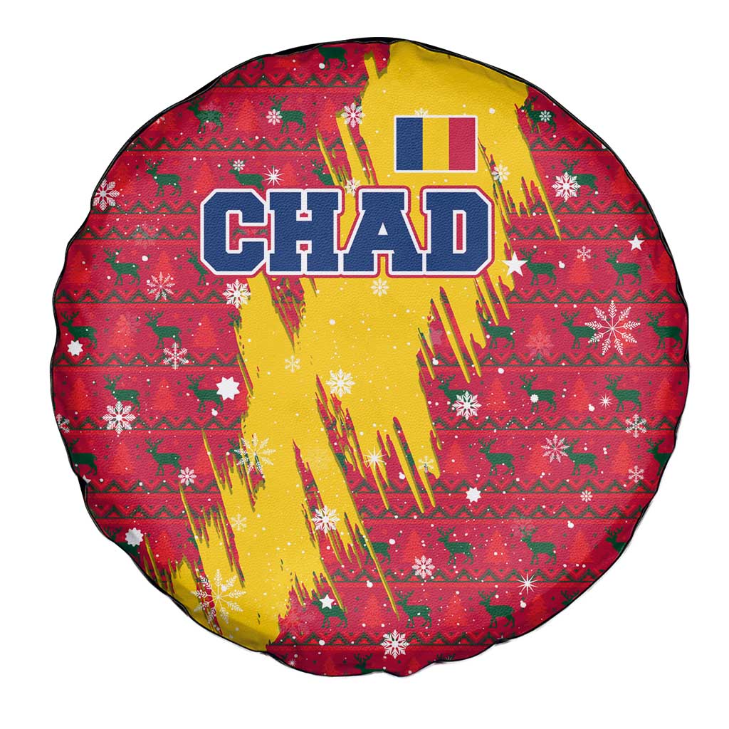 Chad Christmas Spare Tire Cover with Red-Yellow Festive Pattern, National Coat of Arms, and Snowflake Accents - Wonder Print Shop