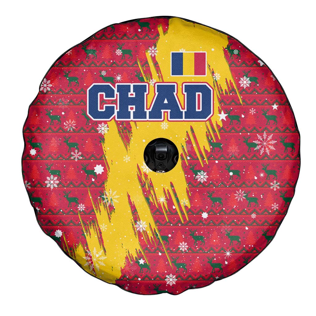 Chad Christmas Spare Tire Cover with Red-Yellow Festive Pattern, National Coat of Arms, and Snowflake Accents - Wonder Print Shop
