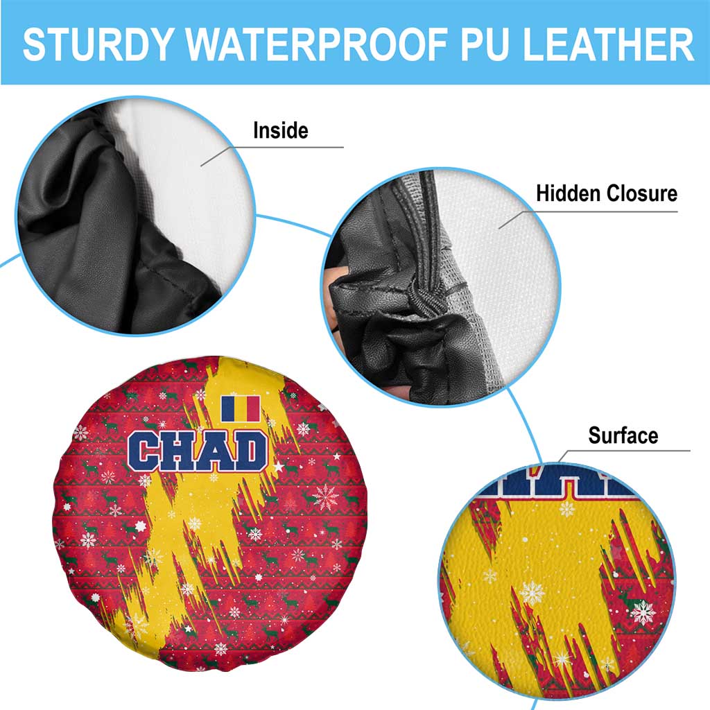 Chad Christmas Spare Tire Cover with Red-Yellow Festive Pattern, National Coat of Arms, and Snowflake Accents - Wonder Print Shop