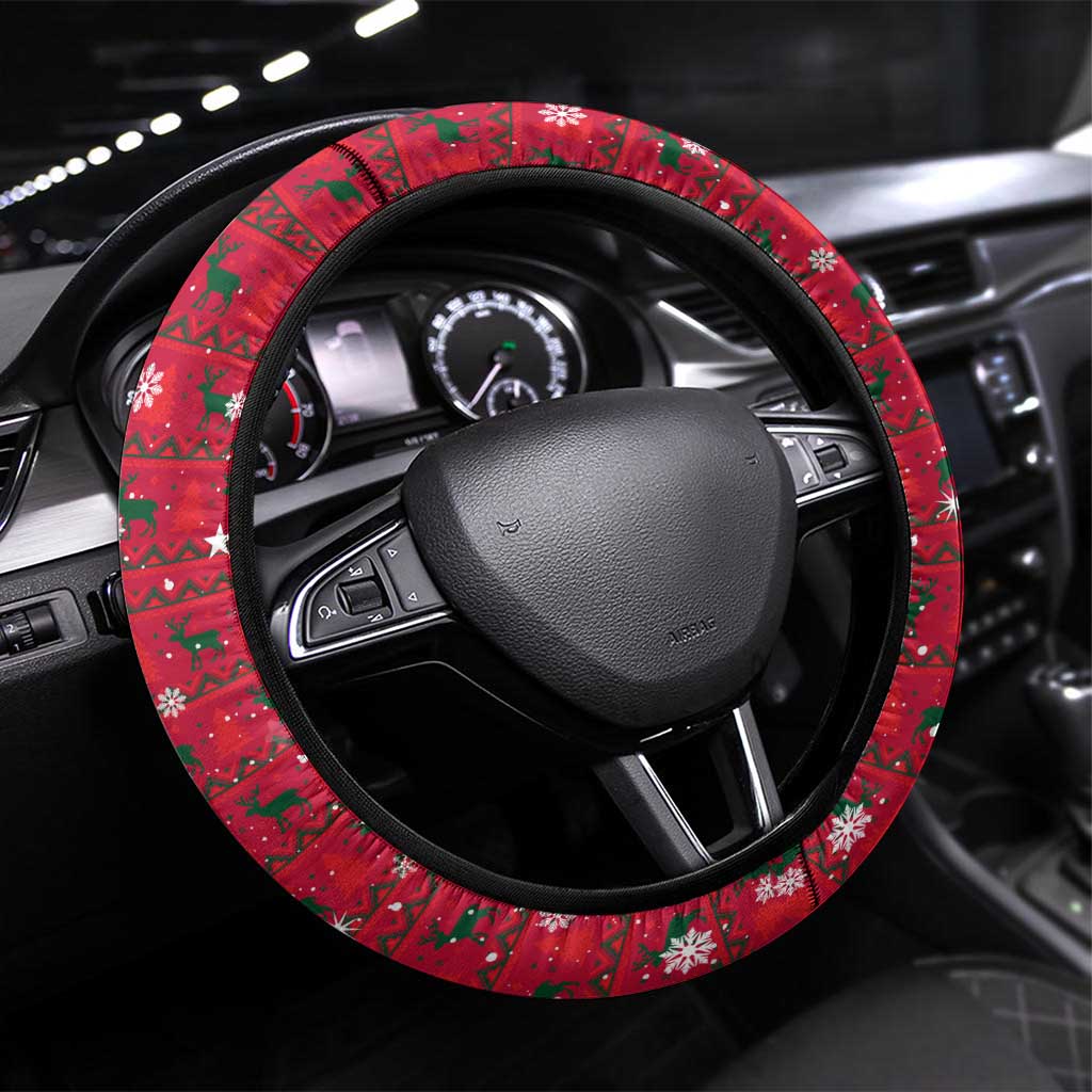 Chad Christmas Steering Wheel Cover with Red-Yellow Festive Pattern, National Coat of Arms, and Snowflake Accents - Wonder Print Shop