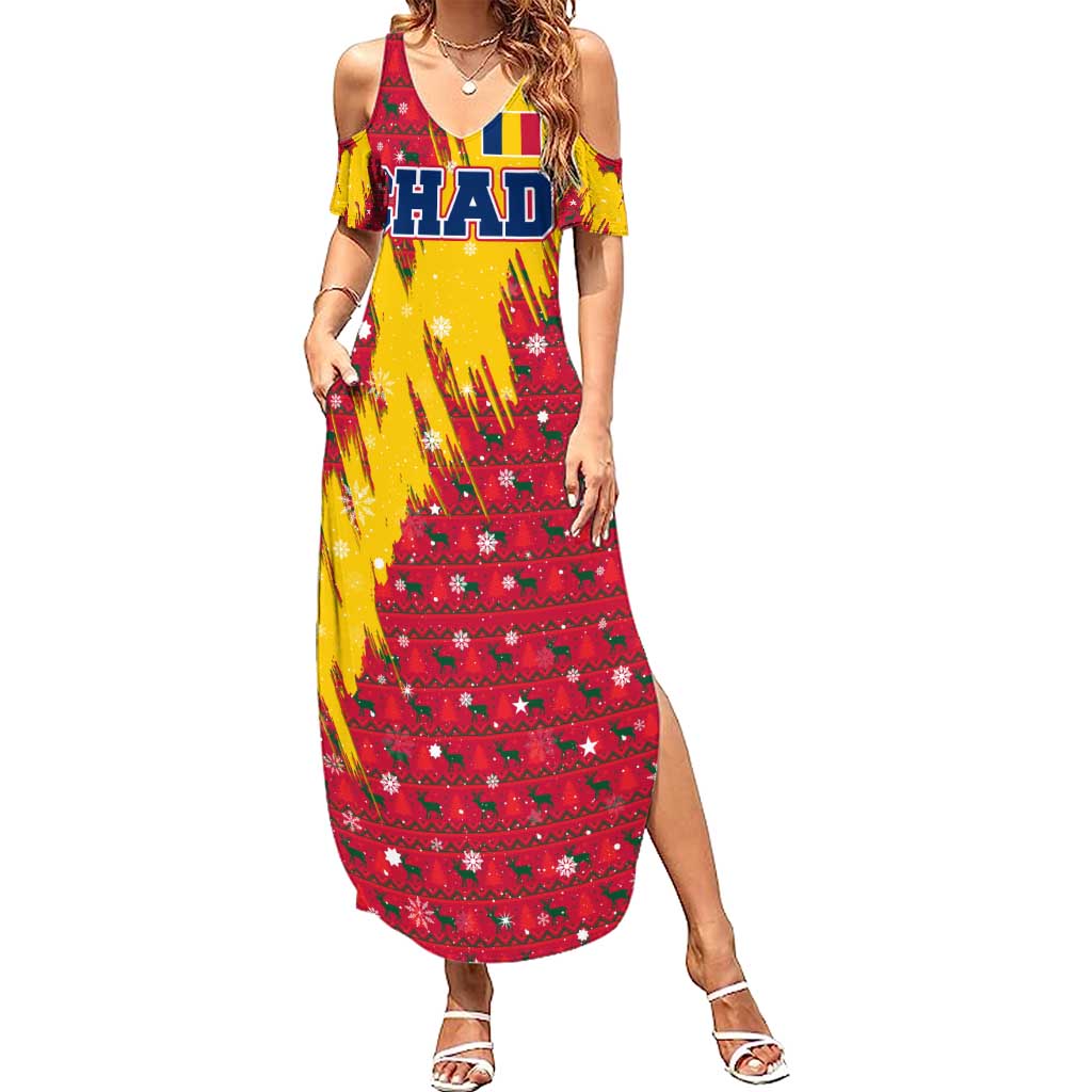 Chad Christmas Summer Maxi Dress with Red-Yellow Festive Pattern, National Coat of Arms, and Snowflake Accents - Wonder Print Shop