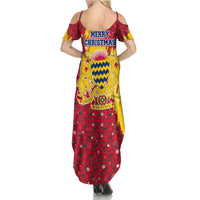 Chad Christmas Summer Maxi Dress with Red-Yellow Festive Pattern, National Coat of Arms, and Snowflake Accents - Wonder Print Shop
