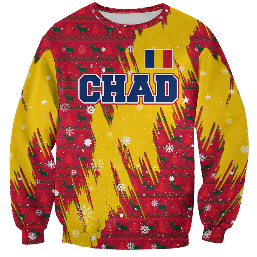Chad Christmas Sweatshirt with Red-Yellow Festive Pattern, National Coat of Arms, and Snowflake Accents - Wonder Print Shop