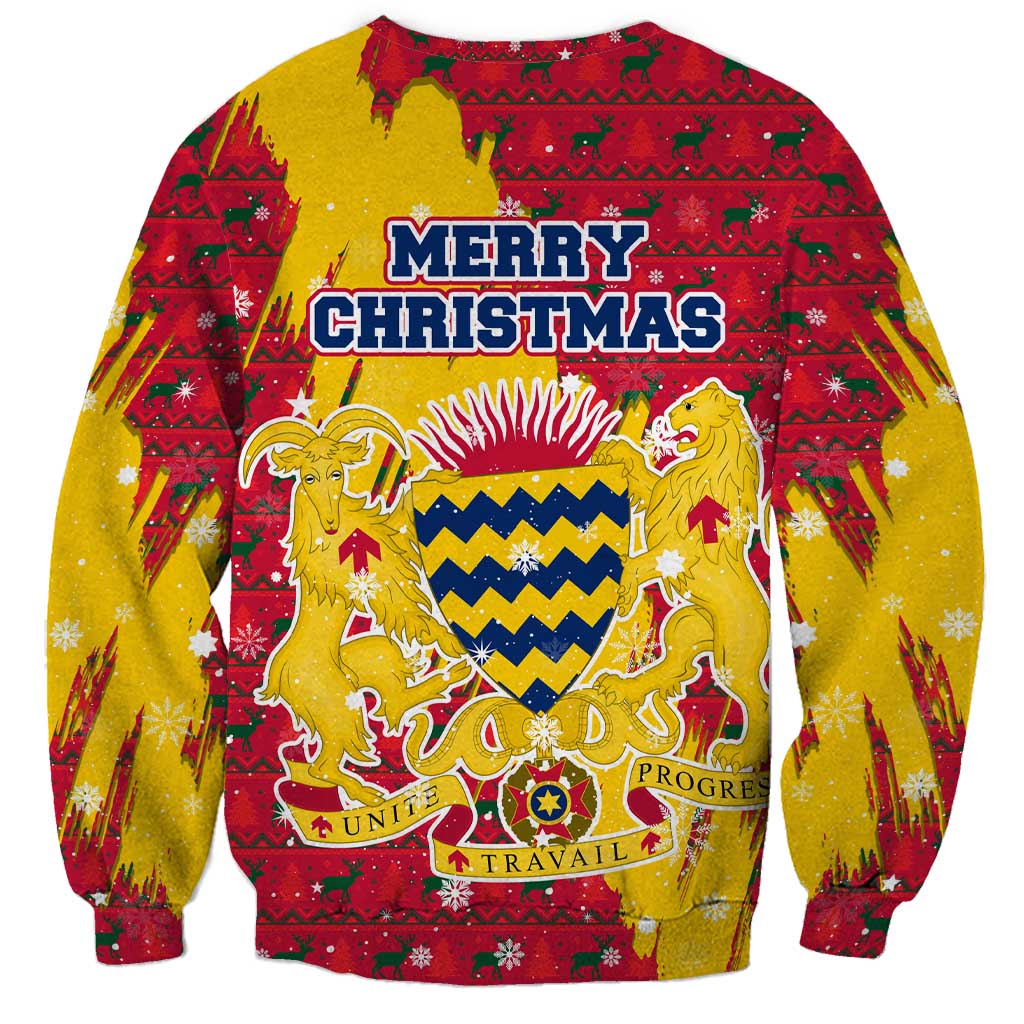 Chad Christmas Sweatshirt with Red-Yellow Festive Pattern, National Coat of Arms, and Snowflake Accents - Wonder Print Shop