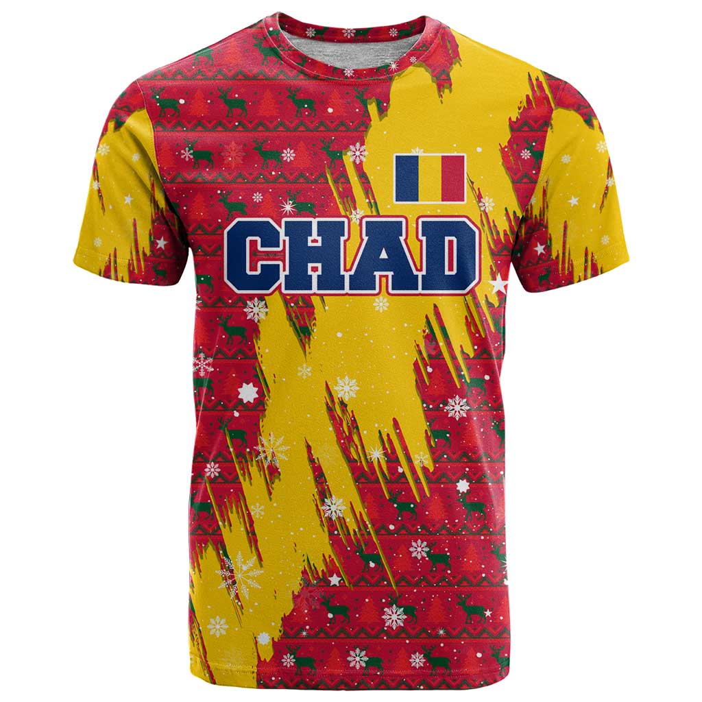 Chad Christmas T Shirt with Red-Yellow Festive Pattern, National Coat of Arms, and Snowflake Accents - Wonder Print Shop