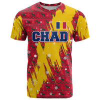 Chad Christmas T Shirt with Red-Yellow Festive Pattern, National Coat of Arms, and Snowflake Accents - Wonder Print Shop