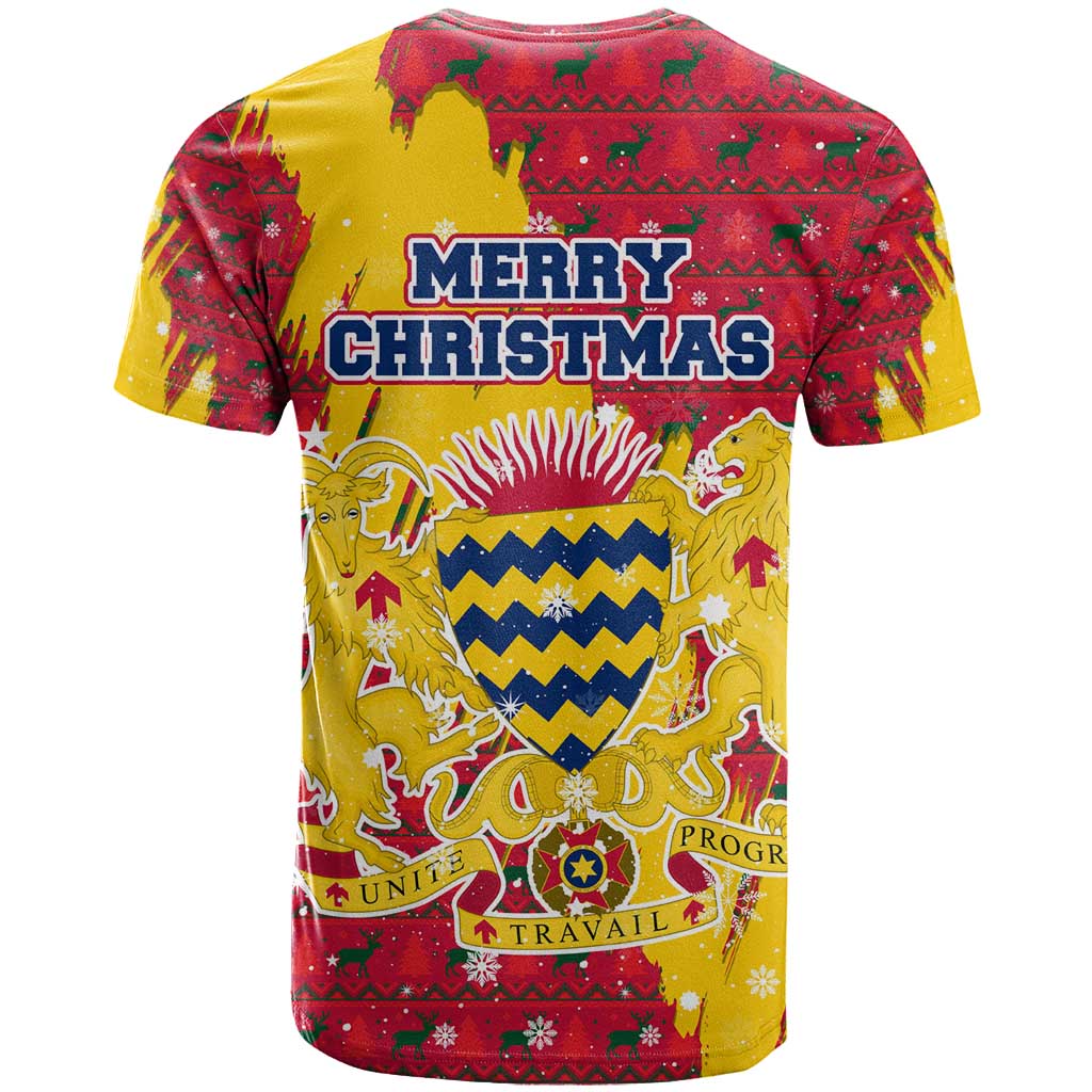 Chad Christmas T Shirt with Red-Yellow Festive Pattern, National Coat of Arms, and Snowflake Accents - Wonder Print Shop