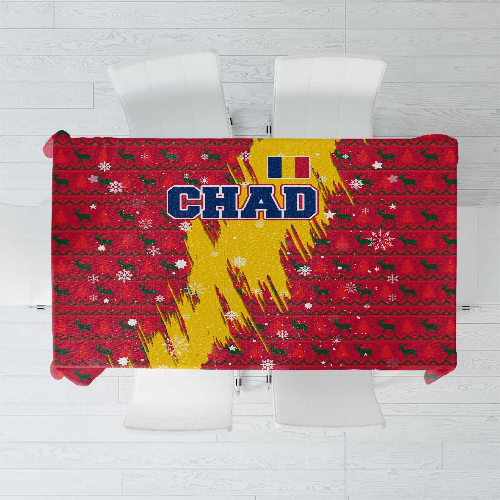 Chad Christmas Tablecloth with Red-Yellow Festive Pattern, National Coat of Arms, and Snowflake Accents - Wonder Print Shop