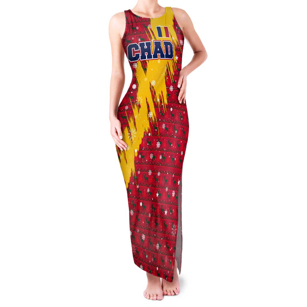 Chad Christmas Tank Maxi Dress with Red-Yellow Festive Pattern, National Coat of Arms, and Snowflake Accents - Wonder Print Shop