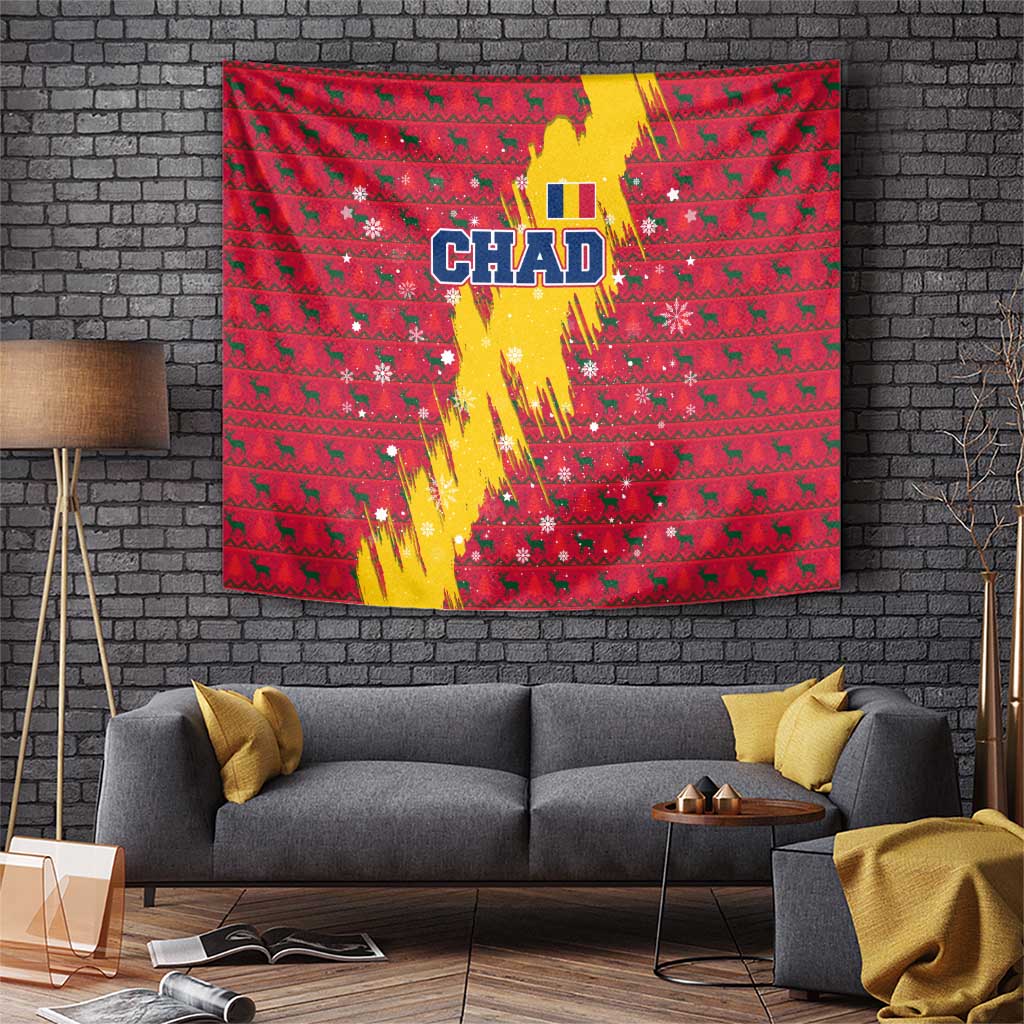 Chad Christmas Tapestry with Red-Yellow Festive Pattern, National Coat of Arms, and Snowflake Accents - Wonder Print Shop